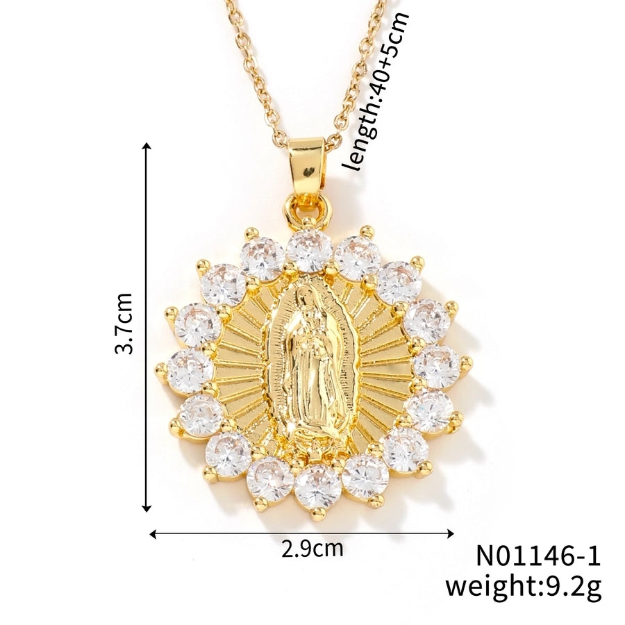 Jewelry Vintage Style Virgin Mary Oval Heart Shape 304 Stainless Steel Copper Zircon K Gold Plated Inlay Pendant Necklace