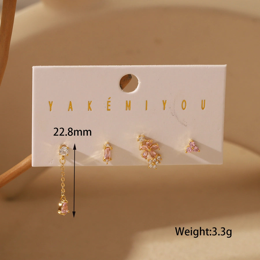 1 Set Elegant Commute Four Leaf Clover Flower Butterfly Inlay Copper Zircon 14K Gold Plated Ear Studs