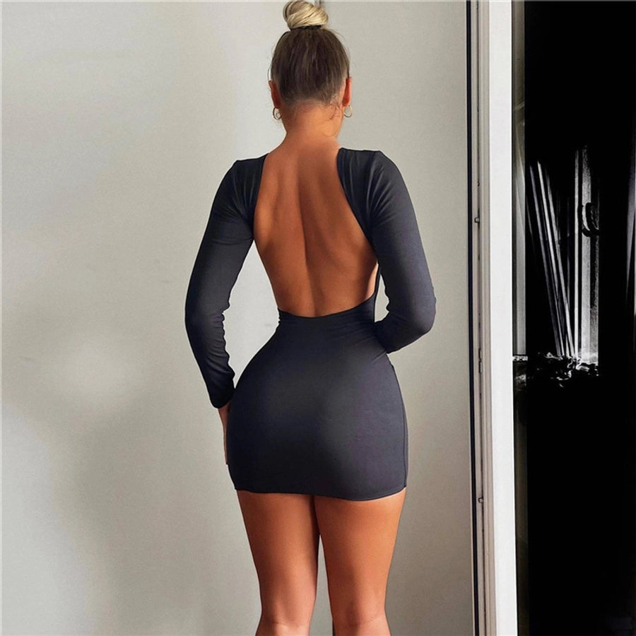 Women's Sheath Dress Streetwear Round Neck Backless Long Sleeve Solid Color Above Knee Holiday