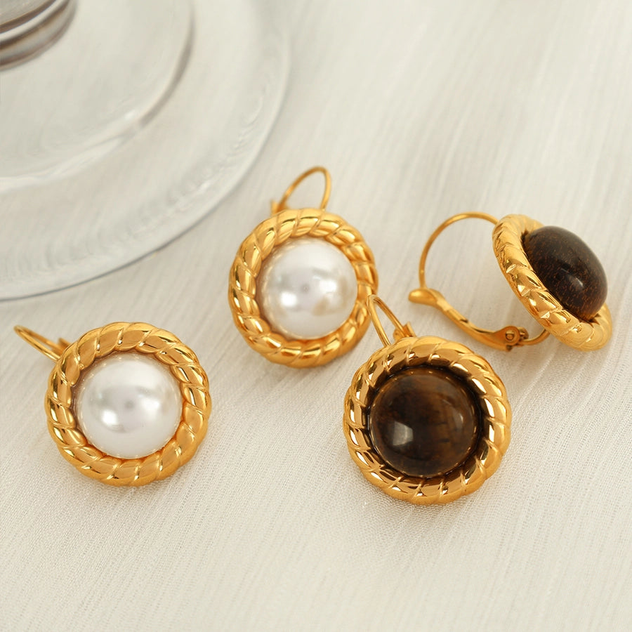 1 Pair Elegant Classical Lady Round Polishing Plating 304 Stainless Steel Artificial Pearls Tiger Eye 18K Gold Plated Drop Earrings - CEJEW