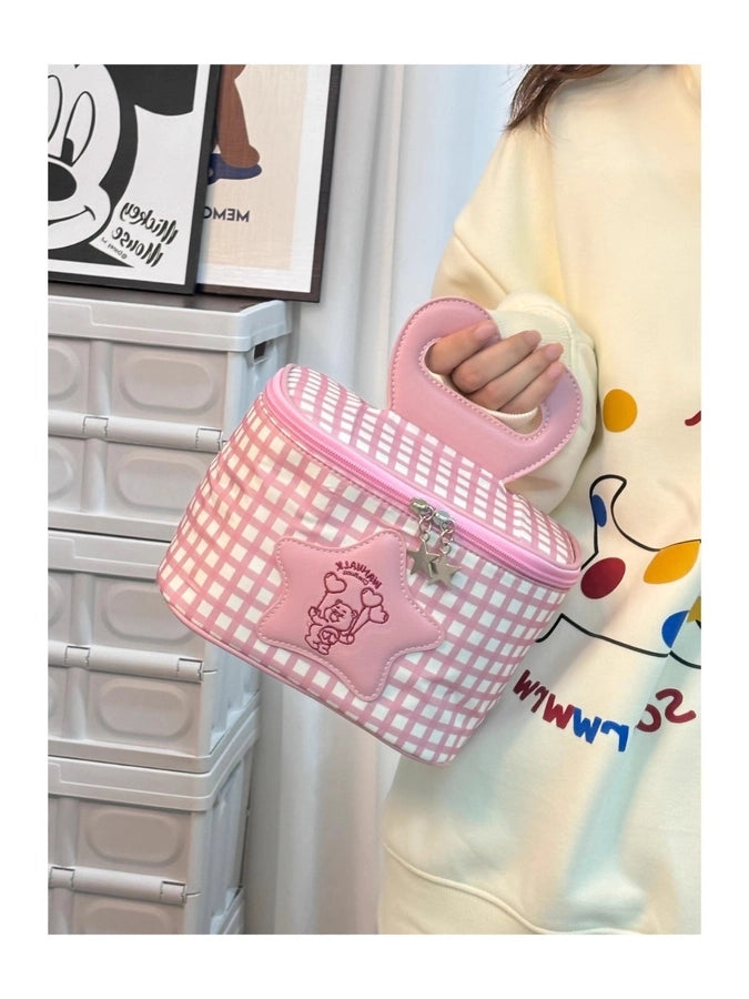 Streetwear Lattice Canvas Sewing Thread Pillow Shape Makeup Bags