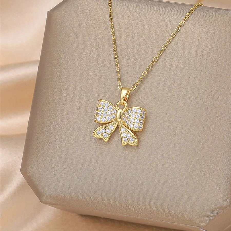 IG Style Simple Style Electrocardiogram Wings Bow Knot 201 Stainless Steel Copper Plating Inlay Opal Zircon Pendant Necklace