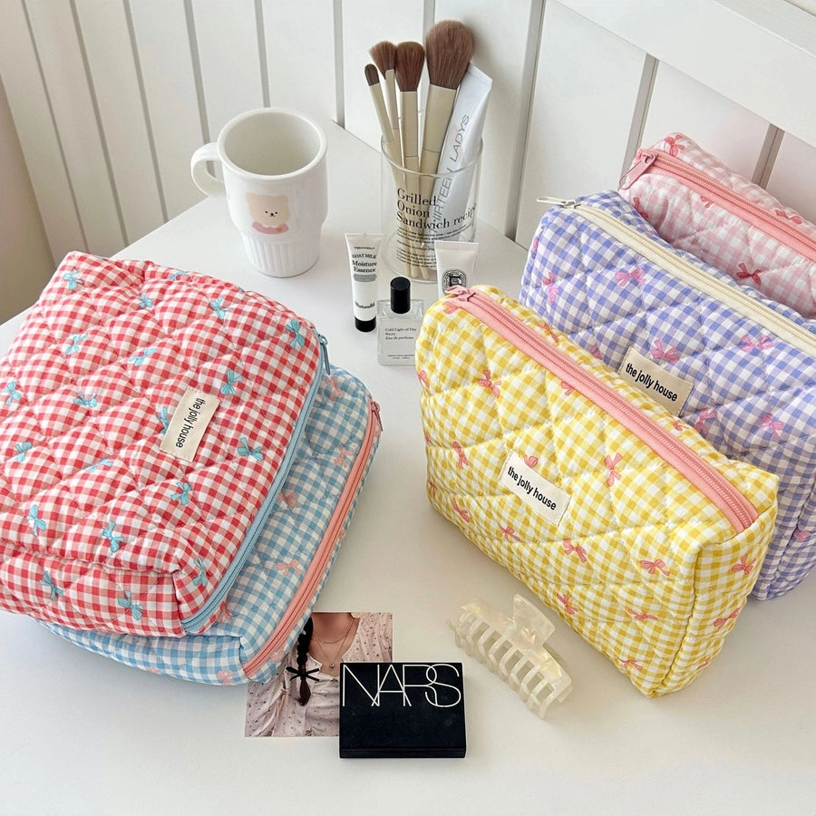 Elegant Streetwear Plaid Canvas Square Makeup Bags