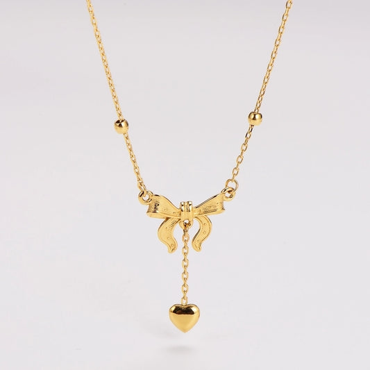 Jewelry Queen Bridal Shiny Heart Shape Bow Knot 304 Stainless Steel Pendant Necklace