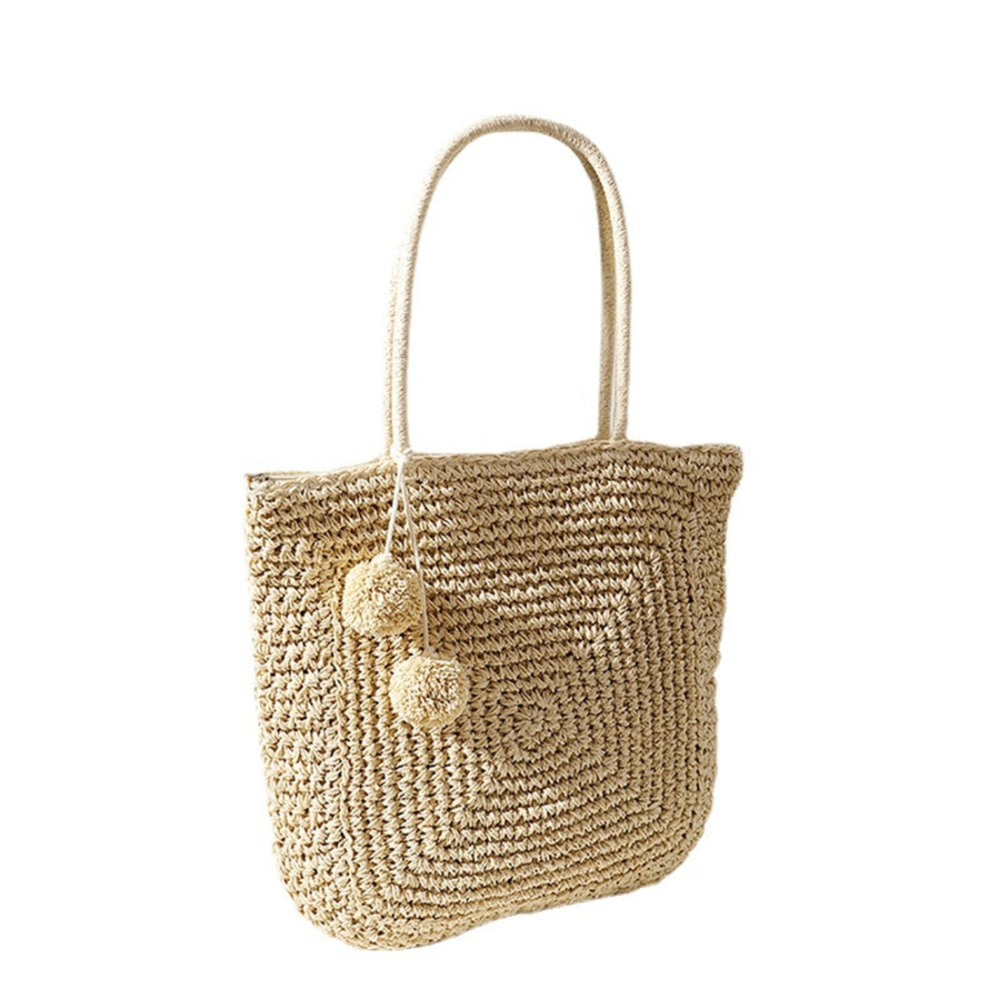 Women's Medium Straw Solid Color Classic Style Weave Square Zipper Straw Bag