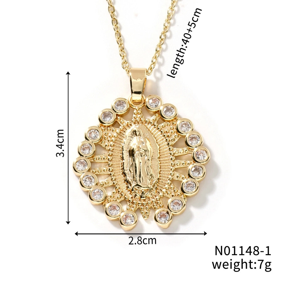 Jewelry Vintage Style Virgin Mary Oval Heart Shape 304 Stainless Steel Copper Zircon K Gold Plated Inlay Pendant Necklace