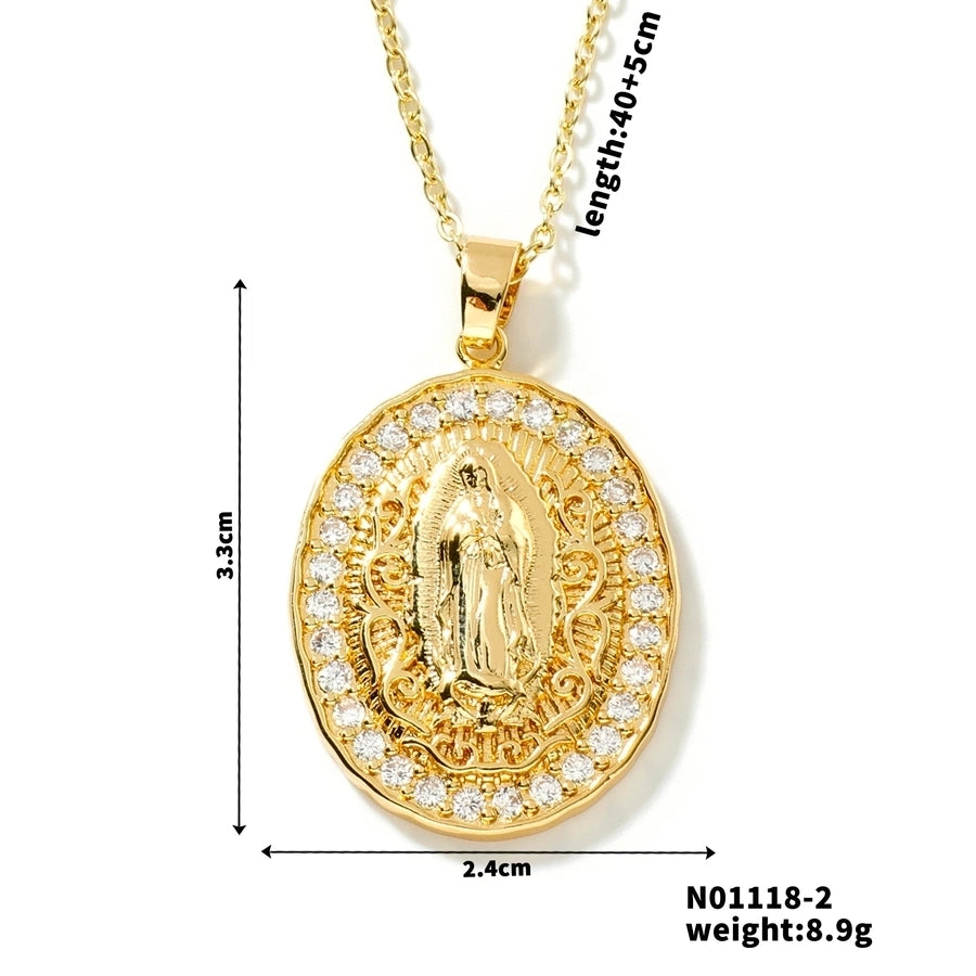 Jewelry Vintage Style Virgin Mary Oval Heart Shape 304 Stainless Steel Copper Zircon K Gold Plated Inlay Pendant Necklace