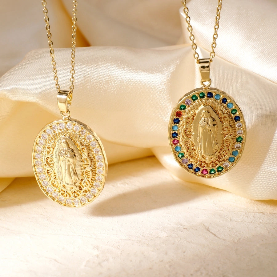 Jewelry Vintage Style Virgin Mary Oval Heart Shape 304 Stainless Steel Copper Zircon K Gold Plated Inlay Pendant Necklace