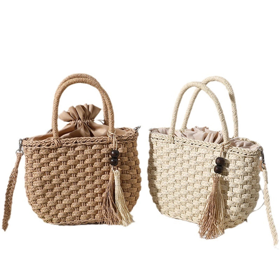 Women's Straw Solid Color Vacation Beading Tassel Weave Square String Shoulder Bag