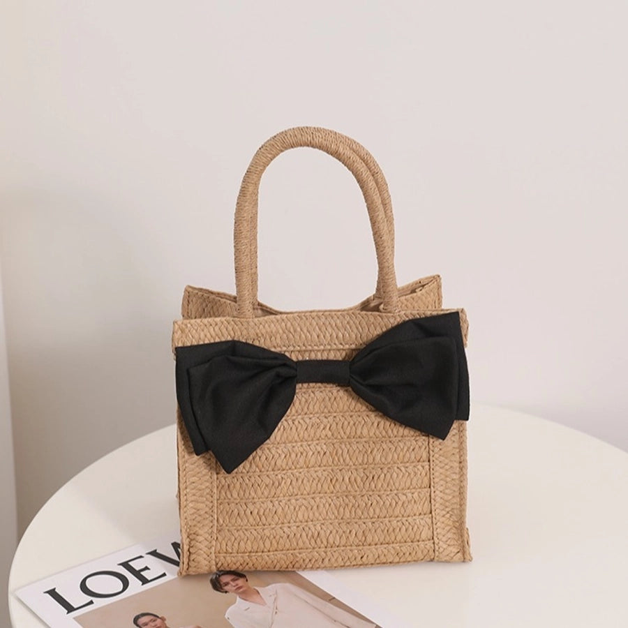 Women's Straw Bow Knot Vacation Weave Square Magnetic Buckle Handbag