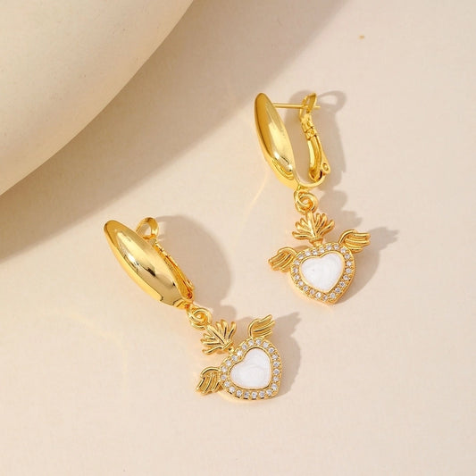 1 Pair Elegant Heart Shape Wings Plating Inlay Copper Acrylic Zircon 18K Gold Plated Drop Earrings