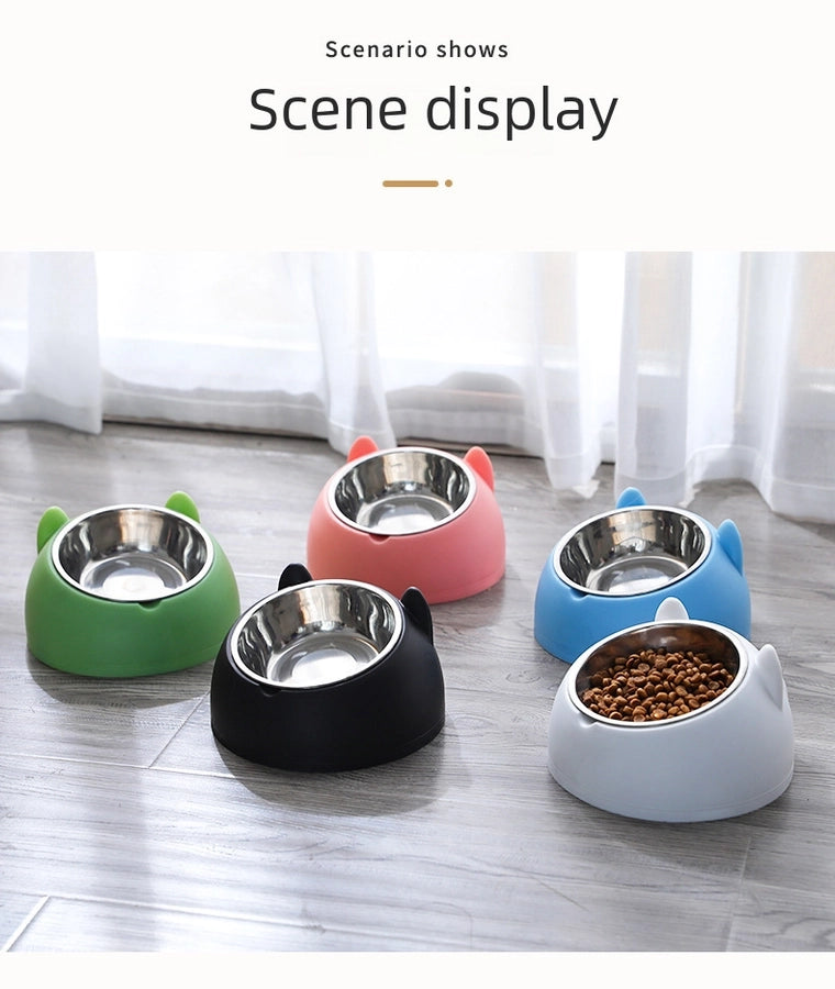 Stainless Steel Cat Dog Dual Bowl Slanted Mouth Protects Vertebras Pet Food Bowl Cat Supplies Trendy Double Neck Protection