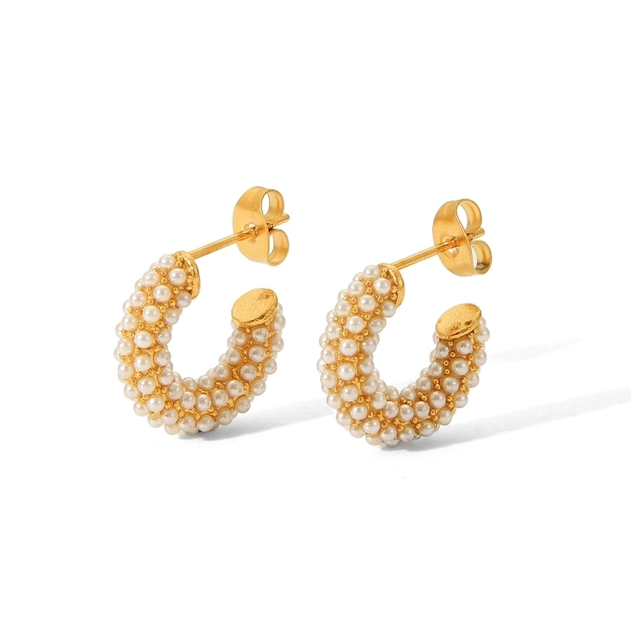 1 Piece IG Style C Shape Plating Inlay 304 Stainless Steel Rhinestones Pearl 18K Gold Plated Ear Studs