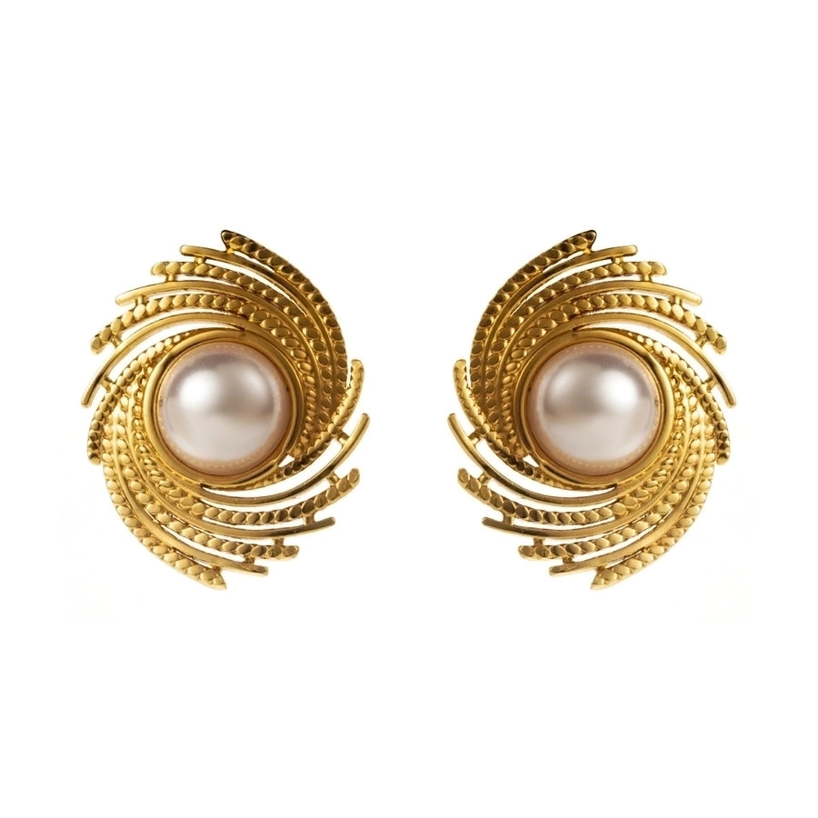 1 Pair Retro Artistic Geometric Plating Inlay 304 Stainless Steel Pearl 18K Gold Plated Ear Studs