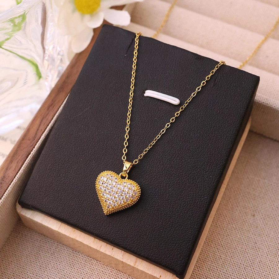 Jewelry Elegant Glam Luxurious Heart Shape 304 Stainless Steel Copper Artificial Diamond 18K Gold Plated Inlay Pendant Necklace