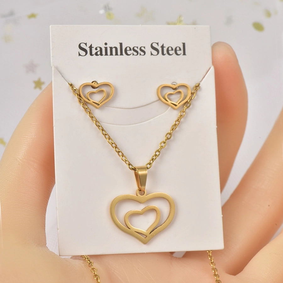 Jewelry Sweet Simple Style IG Style Heart Shape Titanium Steel Hollow Out Jewelry Set