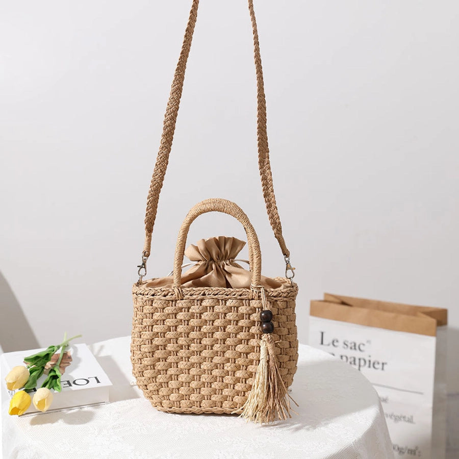 Women's Straw Solid Color Vacation Beading Tassel Weave Square String Shoulder Bag