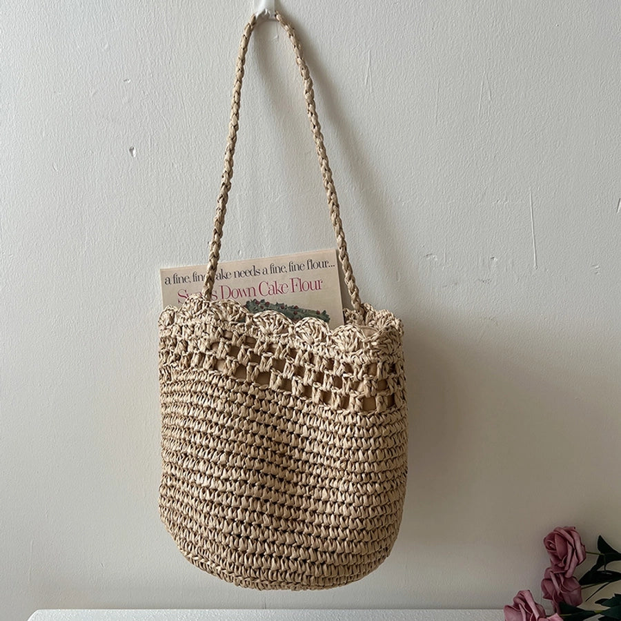 Women's Medium Paper Solid Color Vacation Weave Hollow Bucket String Bucket Bag