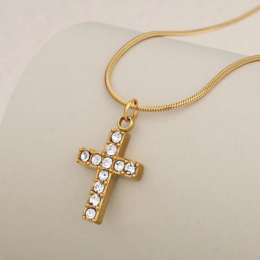 Jewelry Cute Shiny Cross Heart Shape 304 Stainless Steel Rhinestone Rhinestones Stainless Steel Necklaces