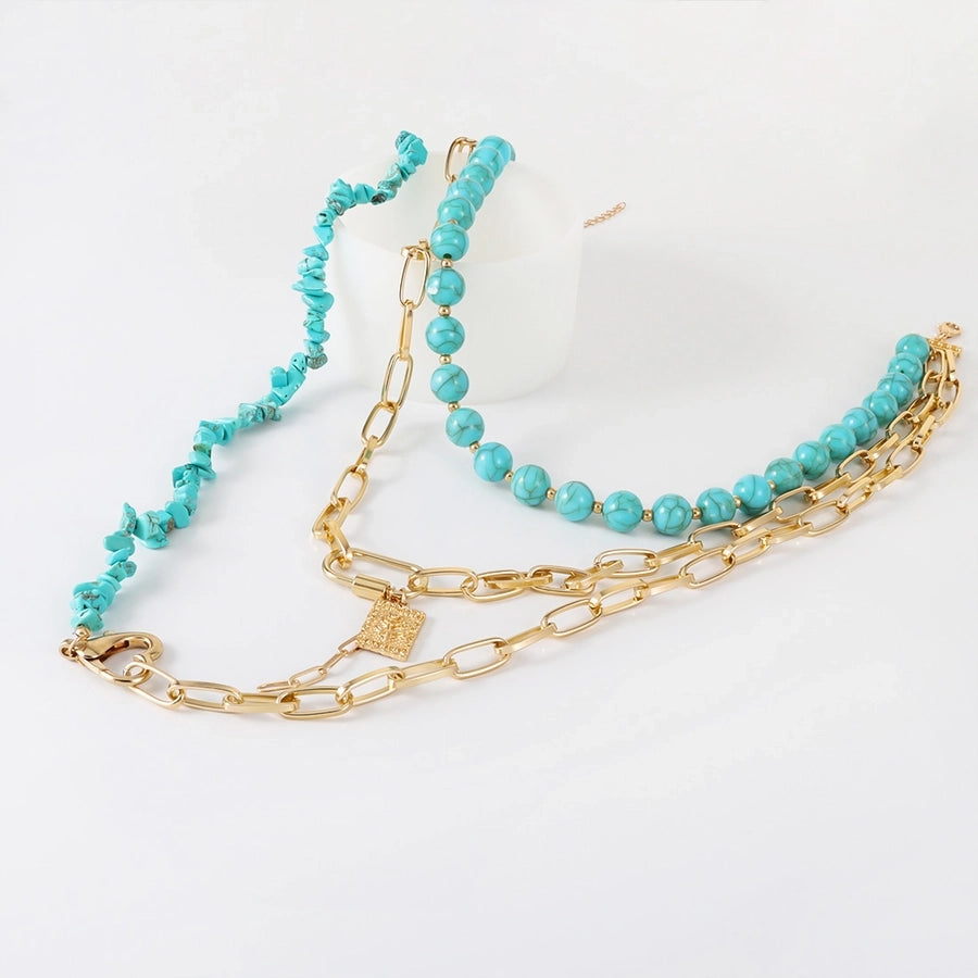 Elegant Exaggerated Lady Geometric Heart Shape Gold Plated Alloy turquoise  Three Layer Necklace