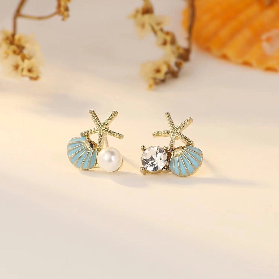 1 Pair Beach Sweet Starfish Shell Enamel Plating Inlay Alloy Pearl Zircon Gold Plated Ear Studs