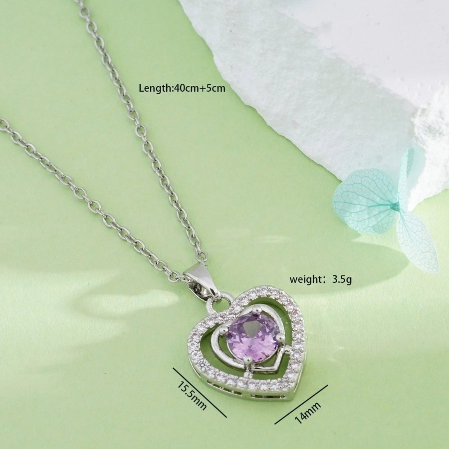 304 Stainless Steel Copper Inlay Heart Shape Zircon Pendant Necklace