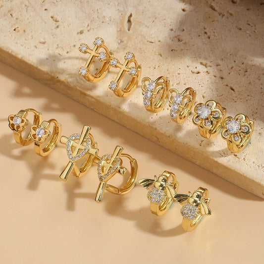 1 Pair Elegant Simple Style Commute Cross Inlay Copper Zircon 14K Gold Plated Earrings