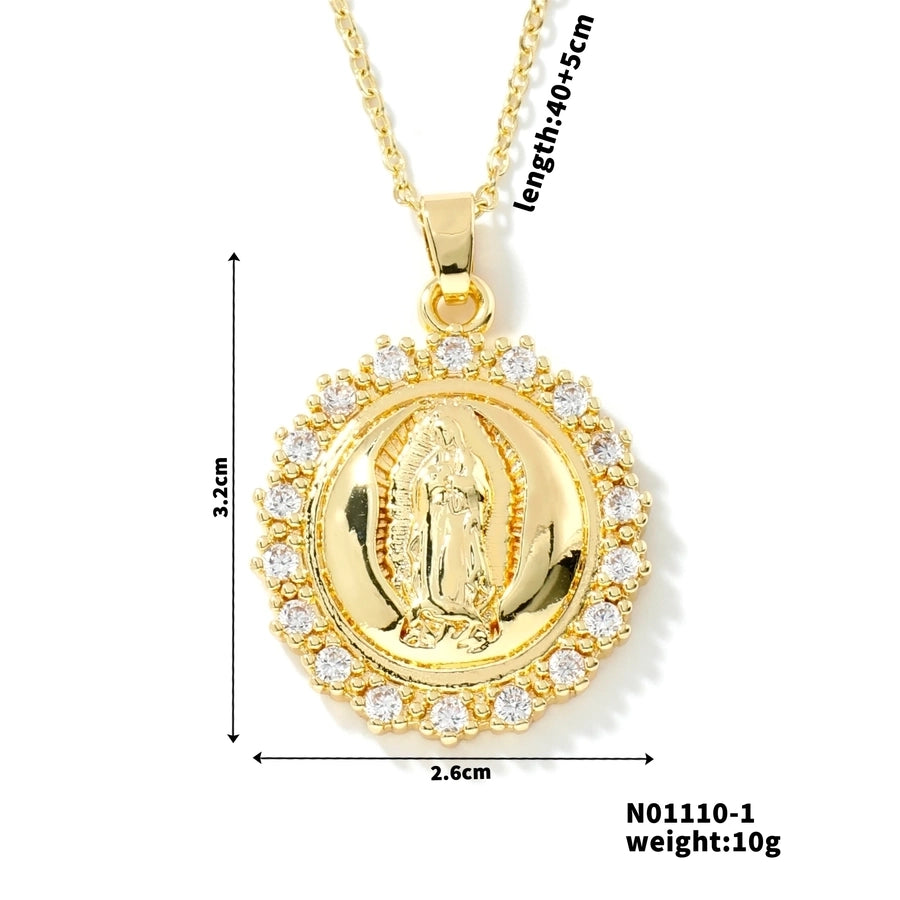 Jewelry Vintage Style Classic Style Geometric Round Virgin Mary 304 Stainless Steel Copper Zircon K Gold Plated Inlay Pendant Necklace - CEJEW