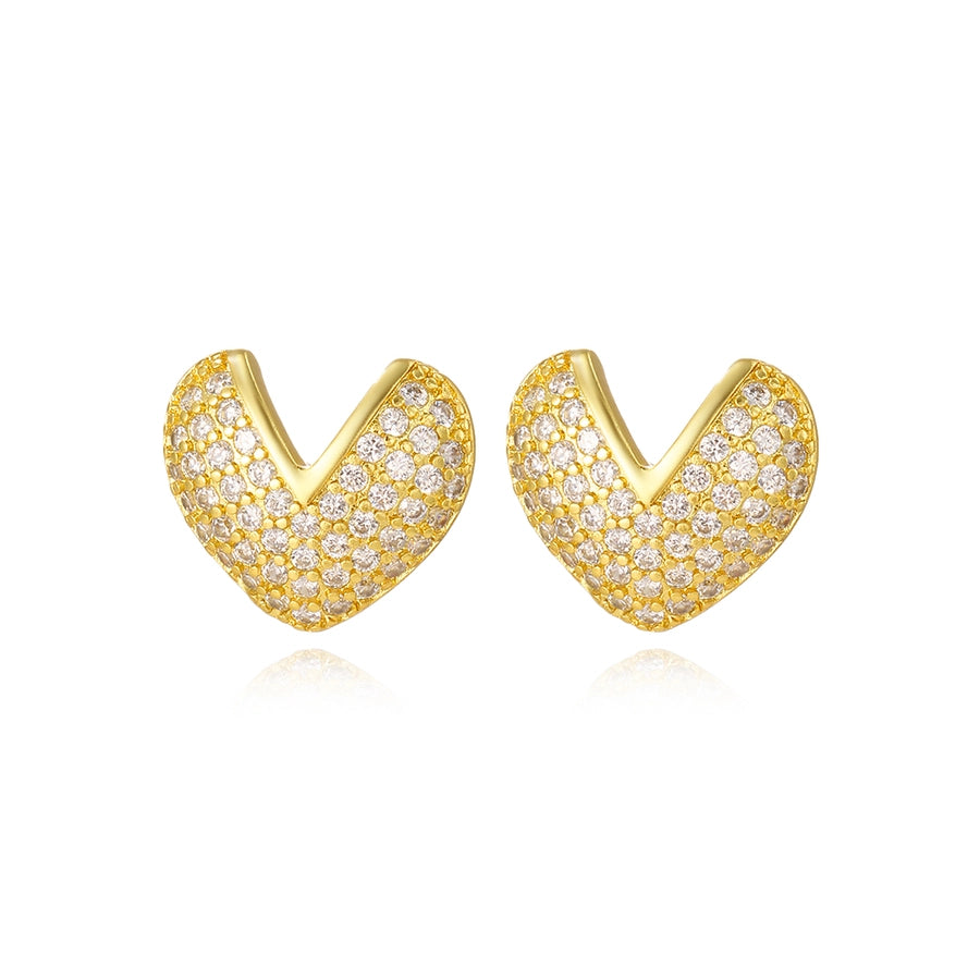 1 Pair Casual Simple Style Heart Shape Copper Zircon 18K Gold Plated Ear Studs