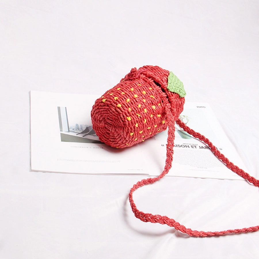 Women's Small Straw Strawberry Cute Weave Cylindrical Flip Cover beach bag