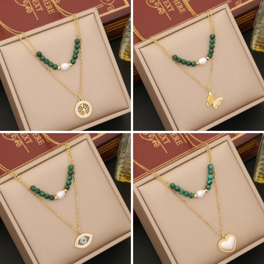 Retro Tree Heart Shape Eye Stainless Steel Malachite Inlay 18K Gold Plated Artificial Diamond Pearl Layered Necklaces