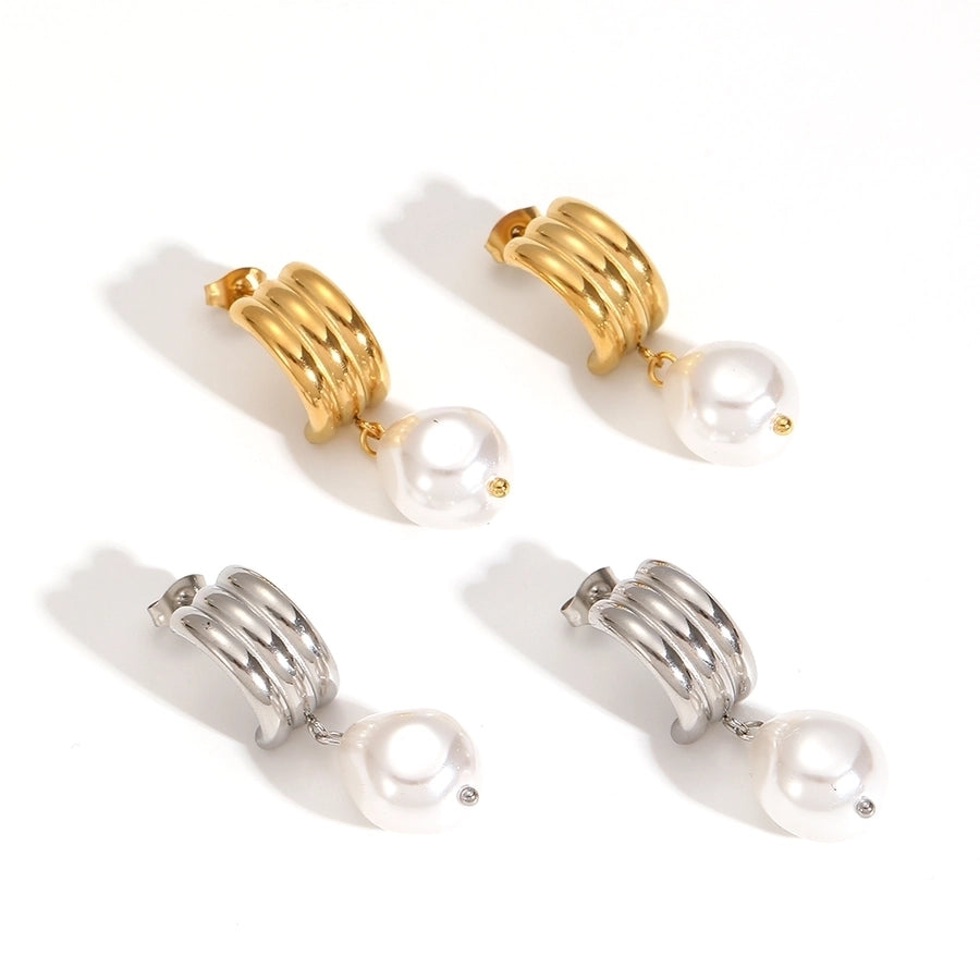 1 Pair Retro French Style C Shape Polishing Plating Inlay 304 Stainless Steel Pearl 18K Gold Plated Ear Studs