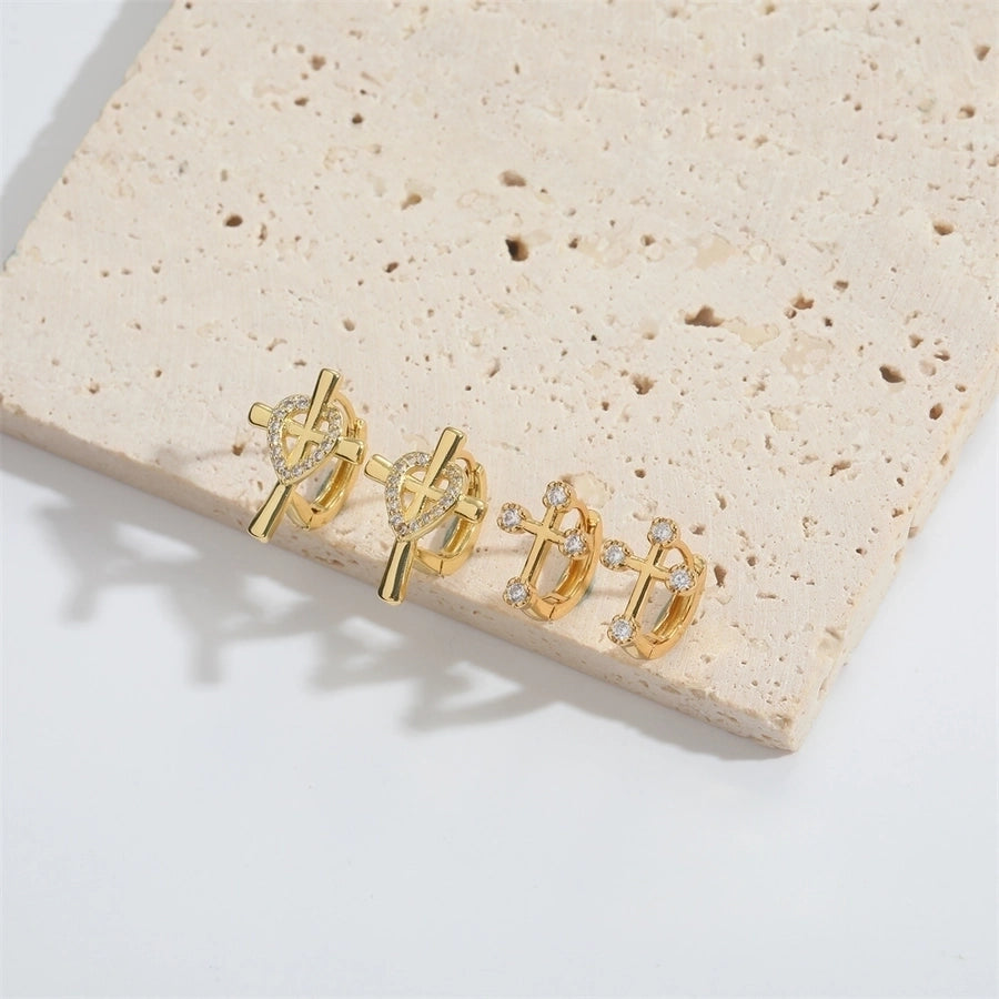 1 Pair Elegant Simple Style Commute Cross Inlay Copper Zircon 14K Gold Plated Earrings