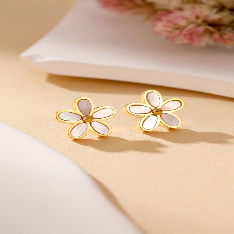 Jewelry Glam Simple Style Flower Stainless Steel Titanium Steel Shell 24K Gold Plated Inlay Earrings Necklace