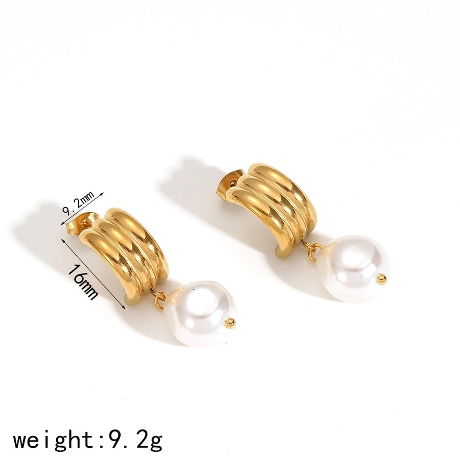 1 Pair Retro French Style C Shape Polishing Plating Inlay 304 Stainless Steel Pearl 18K Gold Plated Ear Studs