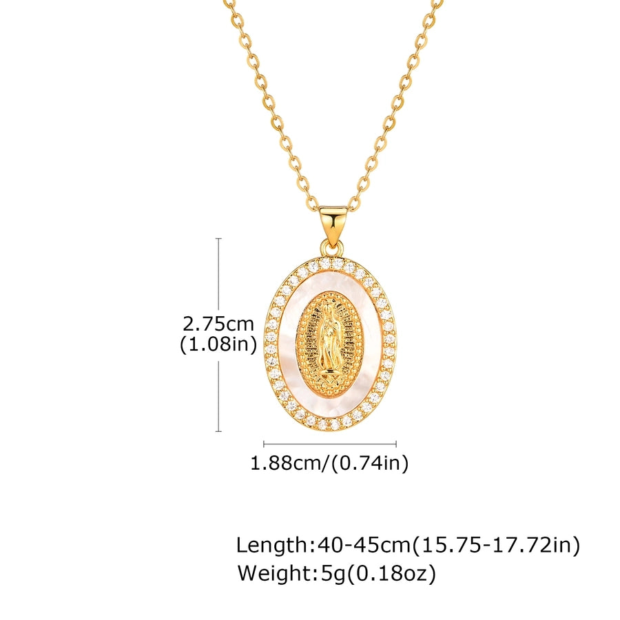 Jewelry IG Style Portrait Virgin Mary 201 Stainless Steel Shell Zircon 18K Gold Plated Inlay Pendant Necklace - CEJEW