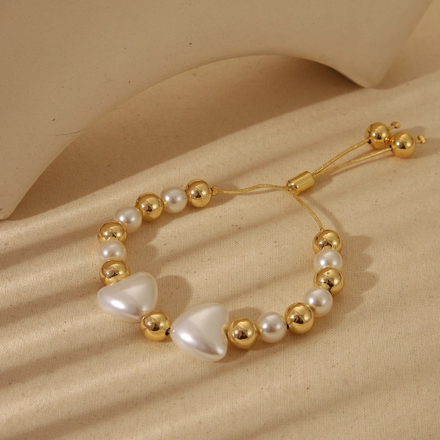 Jewelry Elegant Heart Shape Copper 18K Gold Plated Beaded Imitation Pearl Plating Bracelets