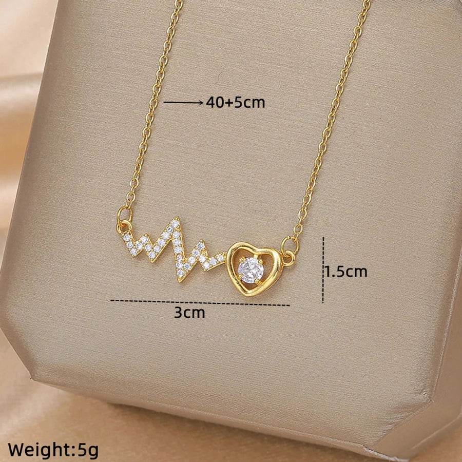 IG Style Simple Style Electrocardiogram Wings Bow Knot 201 Stainless Steel Copper Plating Inlay Opal Zircon Pendant Necklace