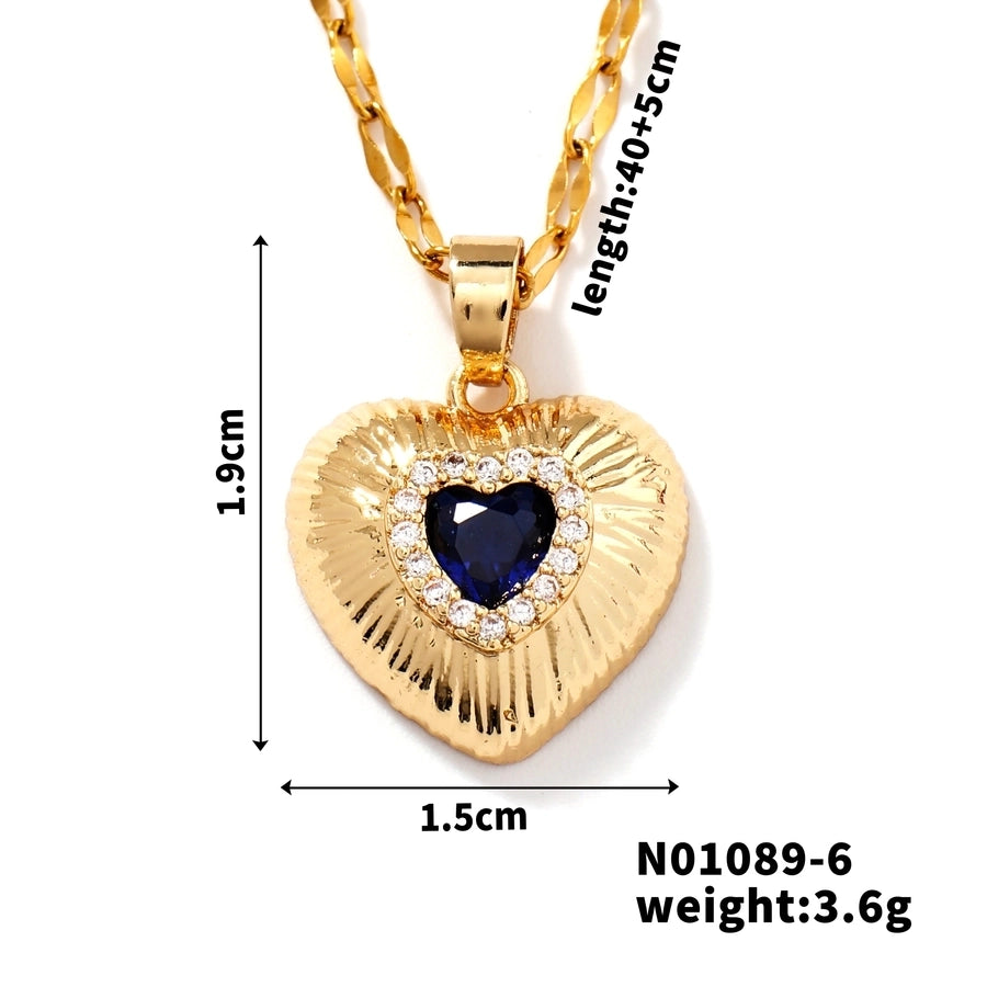 Jewelry Classic Style Heart Shape 304 Stainless Steel Copper Zircon K Gold Plated Rhodium Plated Inlay Pendant Necklace