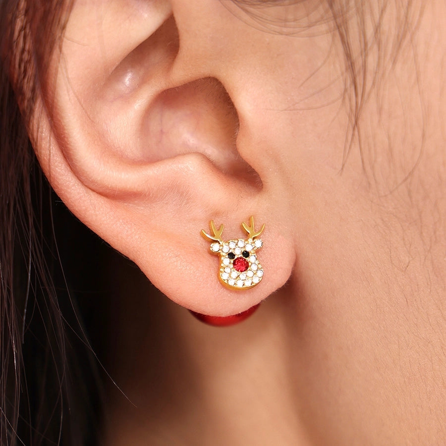 1 Pair Cute Christmas Tree Elk Plating Inlay 304 Stainless Steel Zircon 18K Gold Plated Ear Studs