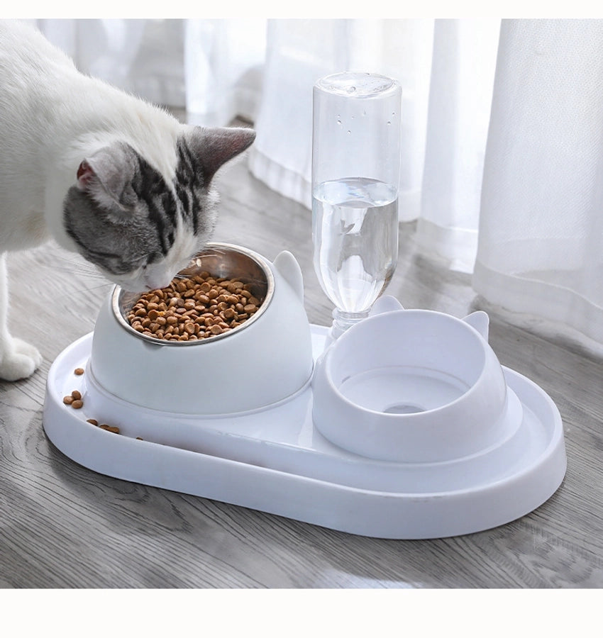 Stainless Steel Cat Dog Dual Bowl Slanted Mouth Protects Vertebras Pet Food Bowl Cat Supplies Trendy Double Neck Protection