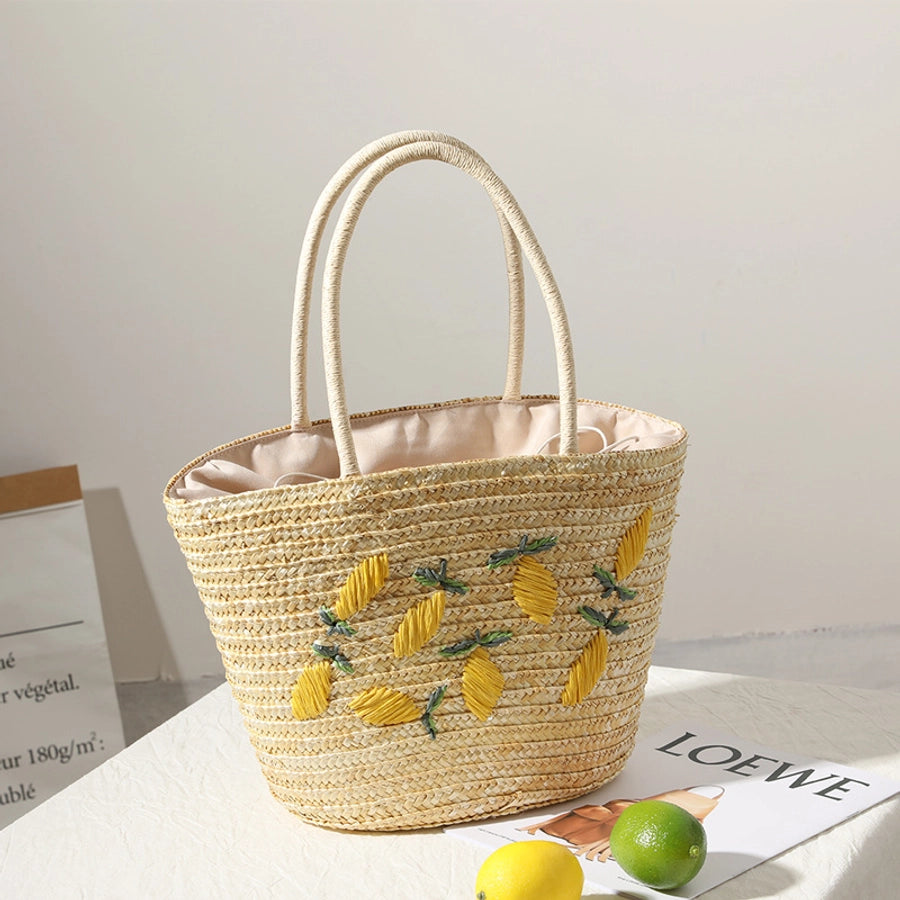 Women's Medium Straw Lemon Vacation Beach Weave Bucket String beach bag