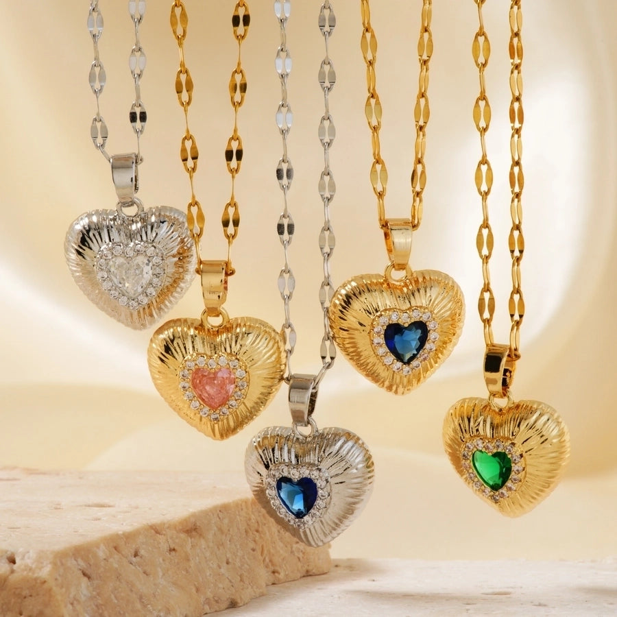 Jewelry Classic Style Heart Shape 304 Stainless Steel Copper Zircon K Gold Plated Rhodium Plated Inlay Pendant Necklace