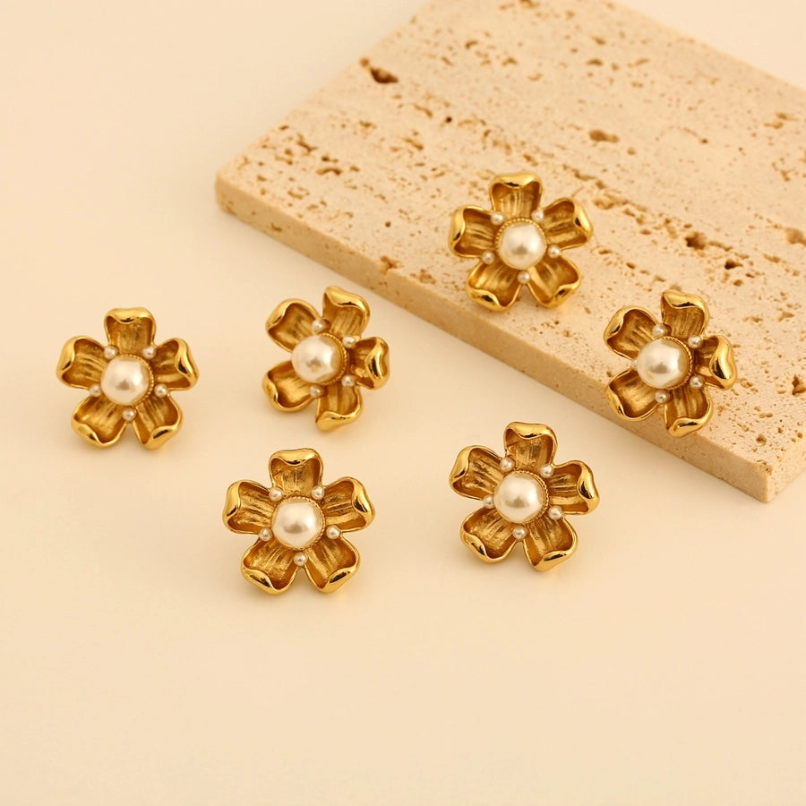 1 Pair Elegant Flower Plating Inlay Titanium Steel Pearl 18K Gold Plated Ear Studs