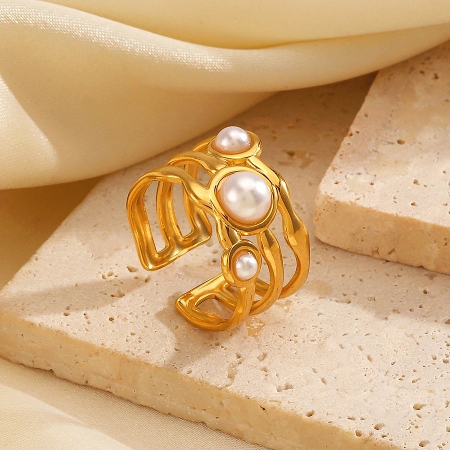 Jewelry Vintage Style Irregular 304 Stainless Steel Artificial Pearls 18K Gold Plated Plating Inlay Open Rings