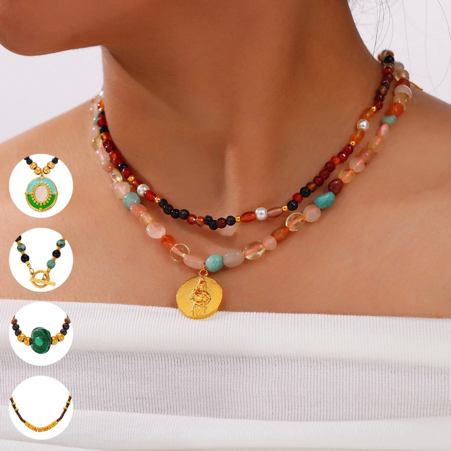 304 Stainless Steel natural stone Agate 18K Gold Plated Casual Retro Beaded Enamel Plating Round Necklace