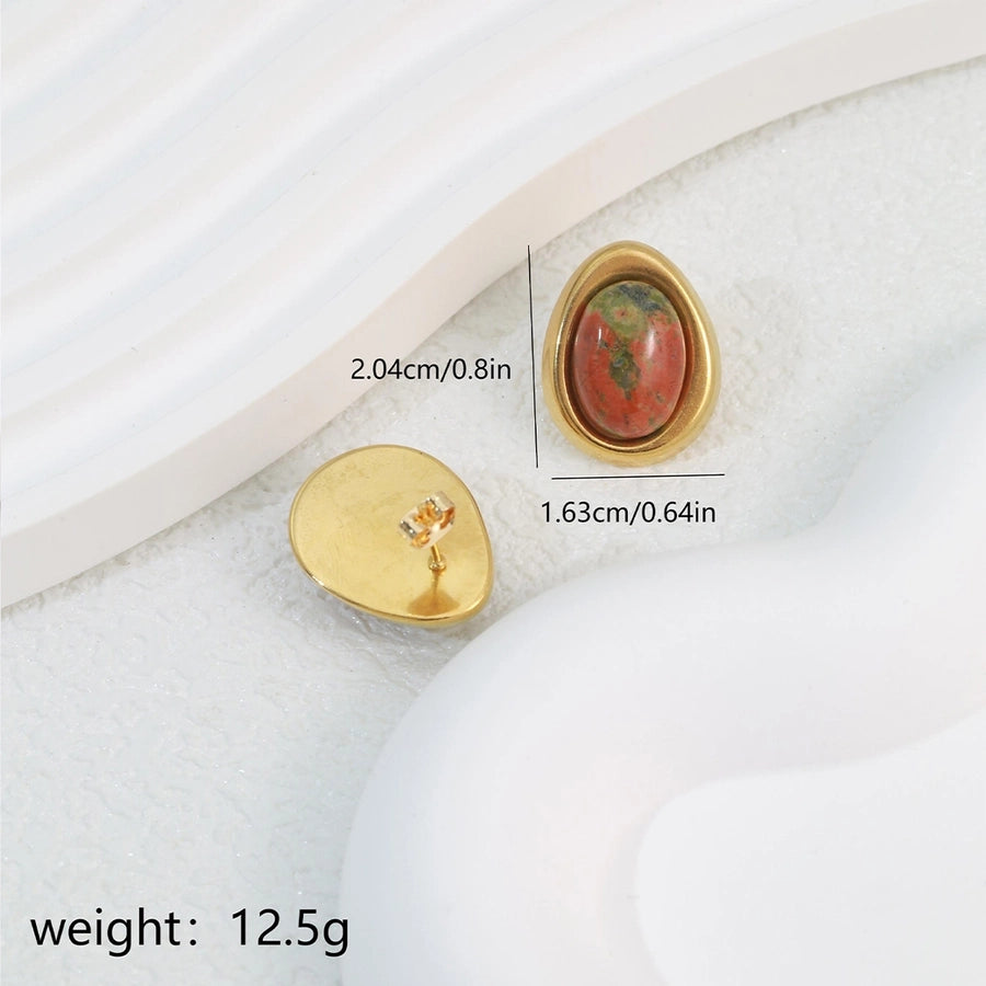 1 Pair Elegant Classical Commute Oval Inlay 304 Stainless Steel Opal 18K Gold Plated Ear Studs