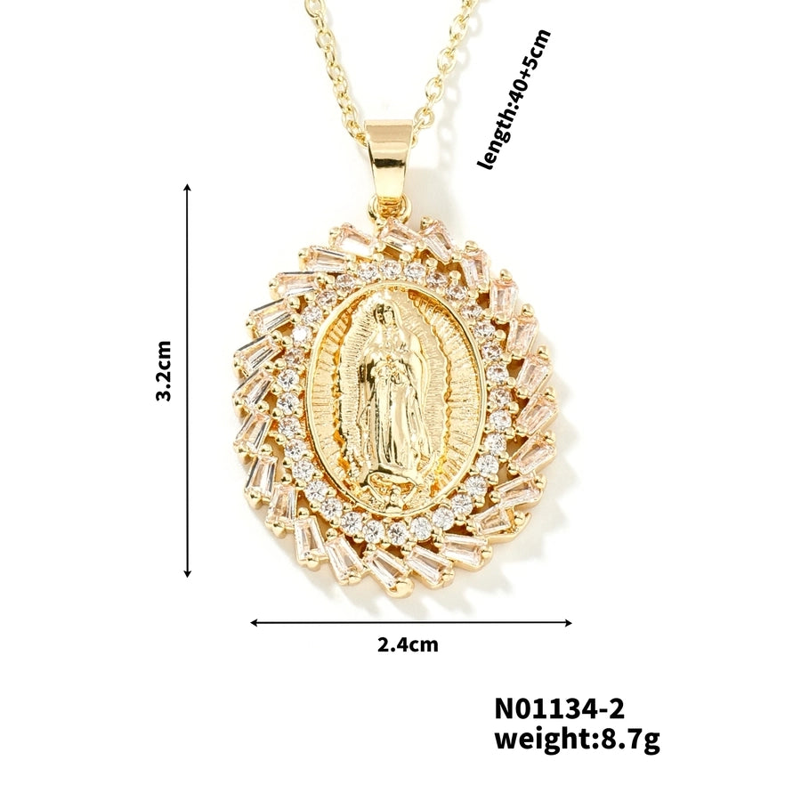 Jewelry Vintage Style Classic Style Geometric Round Virgin Mary 304 Stainless Steel Copper Zircon K Gold Plated Inlay Pendant Necklace - CEJEW