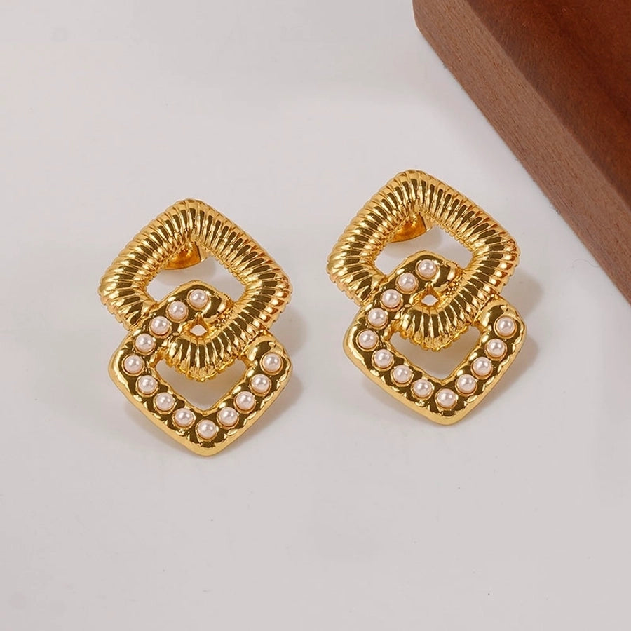 1 Pair Business Luxurious Romantic Geometric Square Inlay 201 Stainless Steel Artificial Pearls 18K Gold Plated Ear Studs