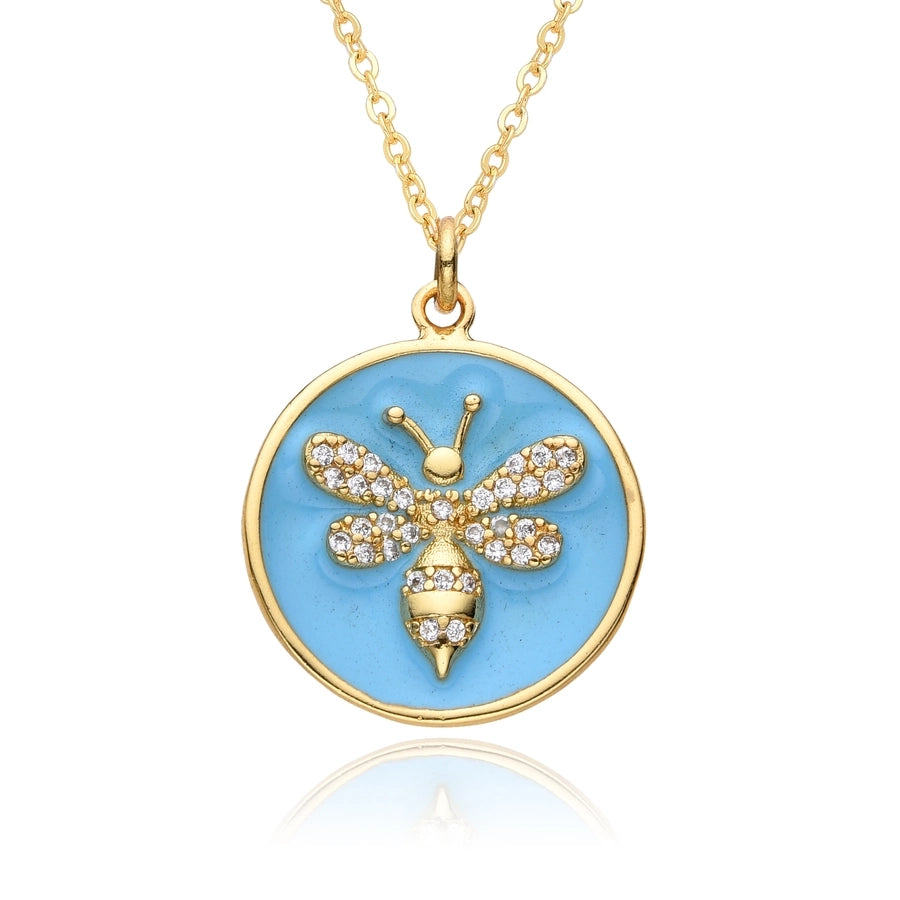 Copper Gold Plated Enamel Inlay Round Lion Bee Zircon Pendant Necklace